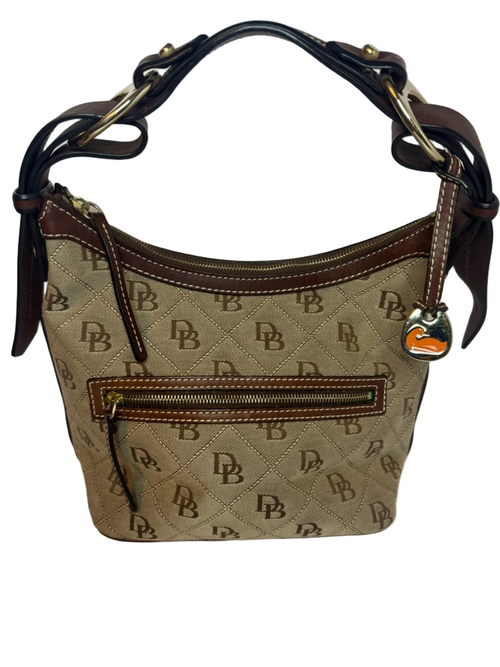 #257 Dooney & Bourke Medium Signature Monogram Canvas Leather Hobo Shoulder Bag